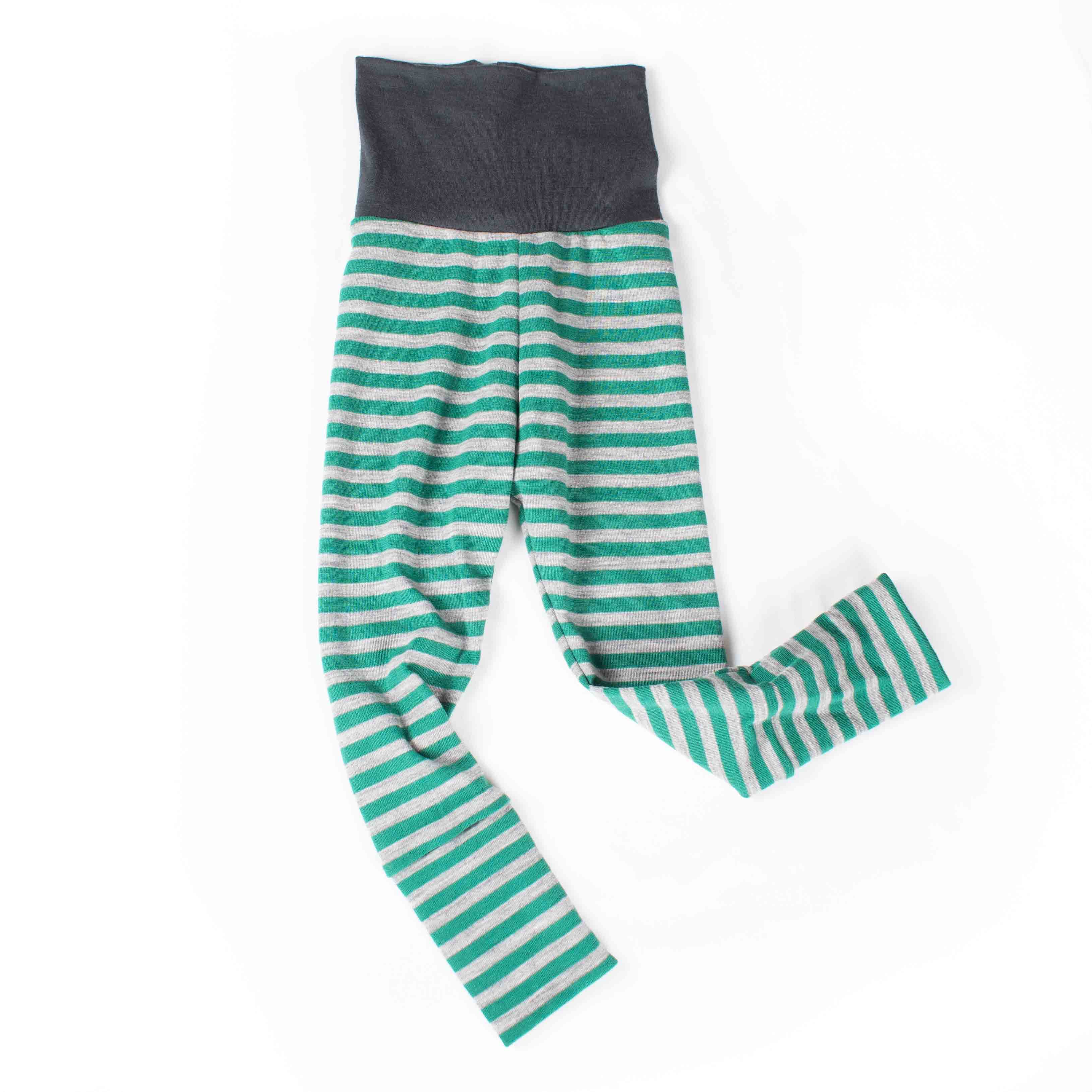 Kids Merino Wool Adjustable Leggings Handmade in Canada Dark Leaf Ash Stripe Rib Medium 9m 3T