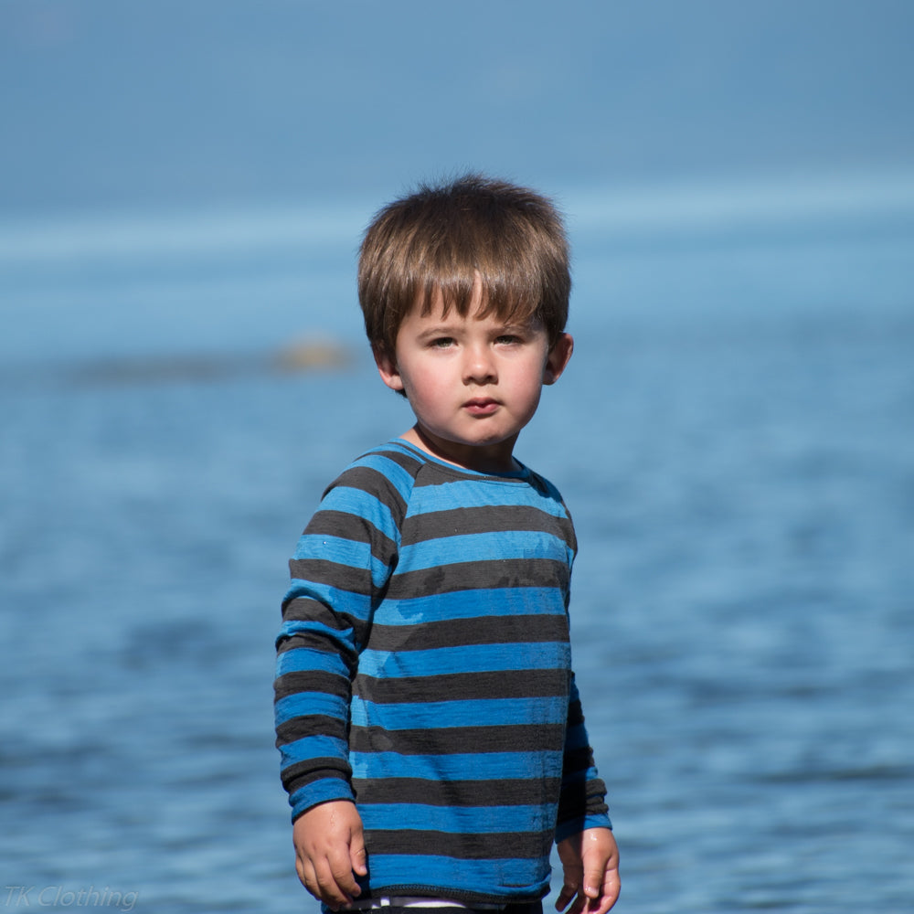 Kids merino wool long sleeved top - in blue charcoal stripe